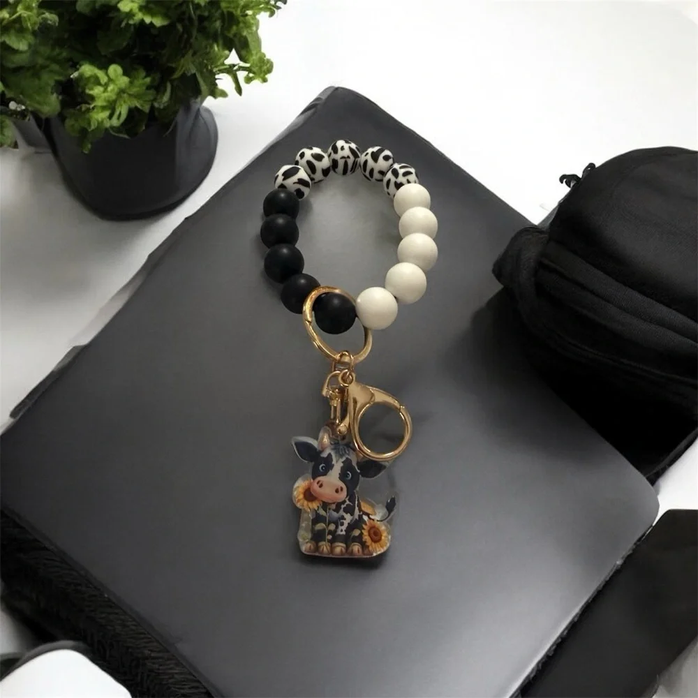 Beaded Wristlet Keychain Black White Silicone Cow Charm